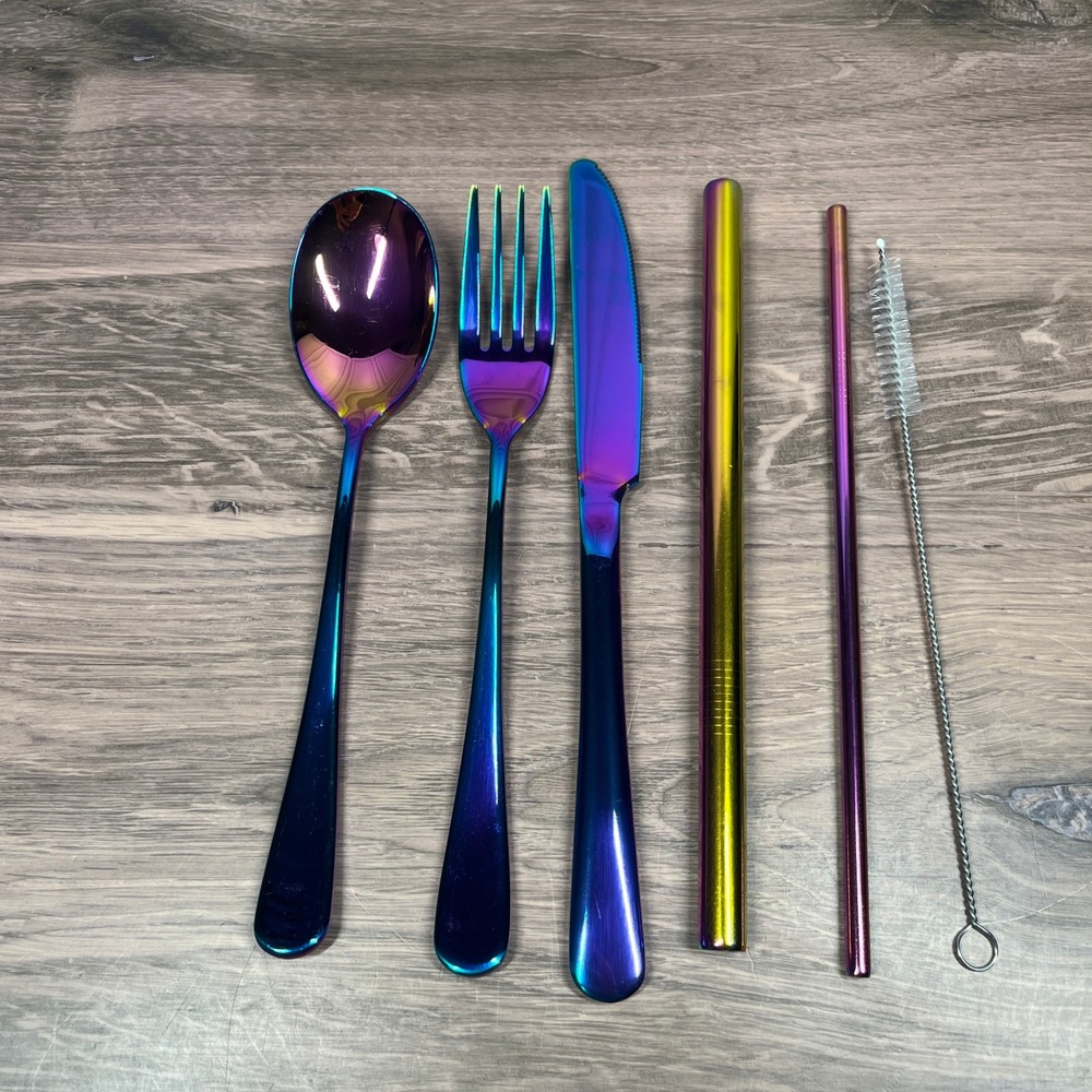 Rainbow Stainless Travel Cutlery Set Iridescent 7pc Kit with Black Case